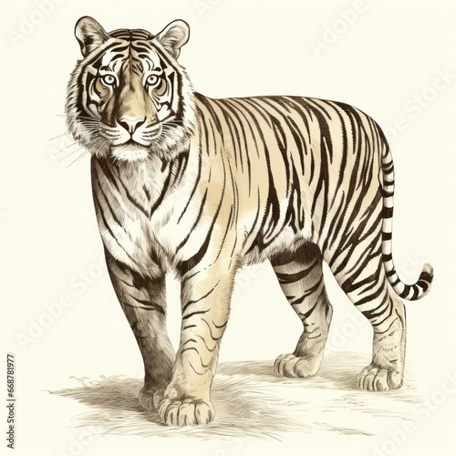 Vintage-style Engraved Illustration of Indochinese Tiger on White Background, reminiscent of 1800s Engravings © Morphart