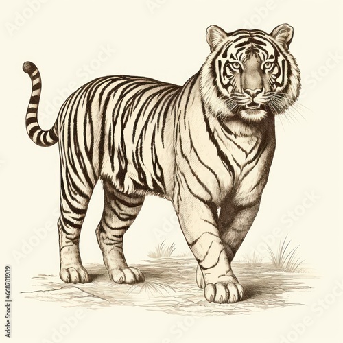 Vintage engraving style of an Indochinese Tiger on white background, reminiscent of 1800s illustrations.