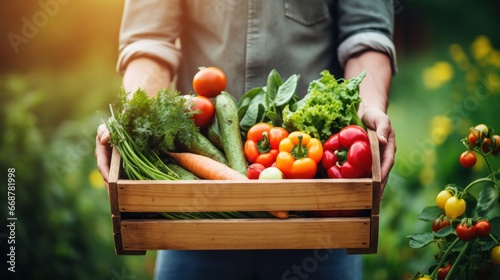 farmer holding wooden box full of fresh vegetables. harvesting season. basket with vegetables in the hands of a farmer background, healthy, organic, food, agriculture