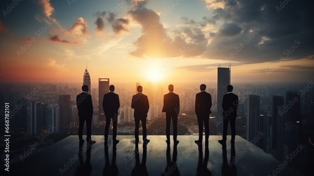 Silhouette of business team stand and feel happy on the most hight at stand on sunset, success, leader, teamwork, target, Aim, confident, achievement, goal, on plan, finish, generate by AI Silhouette of business team stand and feel happy on the most hight at stand on sunset, success, leader, teamwork, target, Aim, confident, achievement, goal, on plan, finish, generate by AI