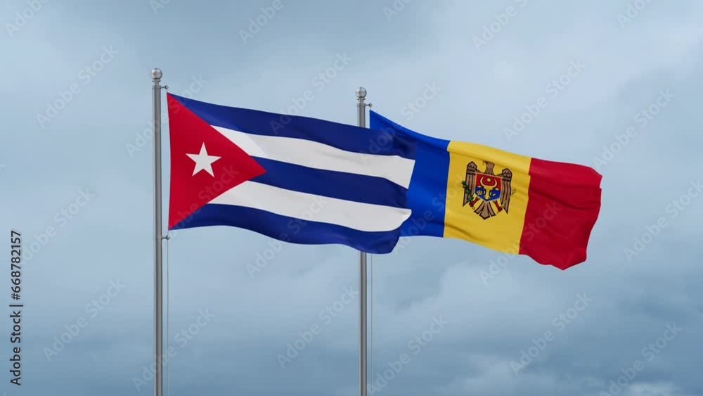Moldova and Cuba flag waving together on cloudy sky, endless seamless loop, two country cooperation concept Moldova and Cuba flag waving together on cloudy sky, endless seamless loop, two country cooperation concept