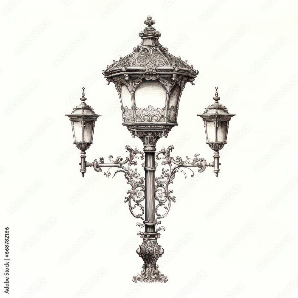 Victorian street lamp intricately engraved on white