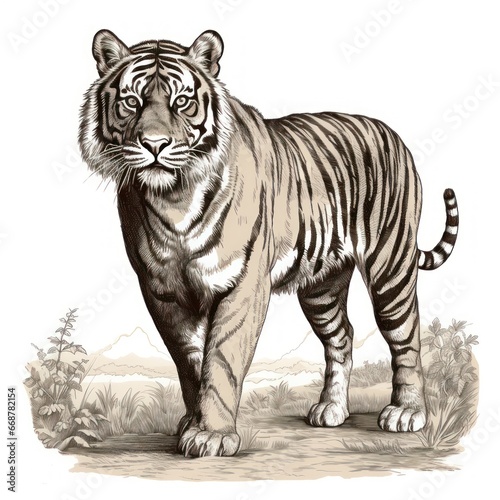 Unique Javan Tiger Illustration with Vintage Engraved Look - Echoing 1800s Style on a White Backdrop
