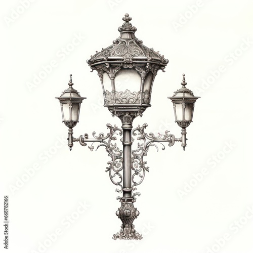 Victorian street lamp intricately engraved on white © Morphart