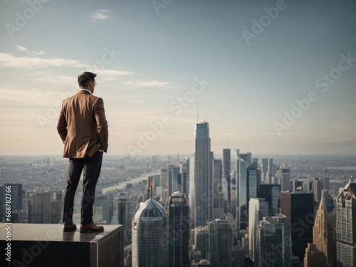 A professional trader stands at top of skyscraper. Generative AI