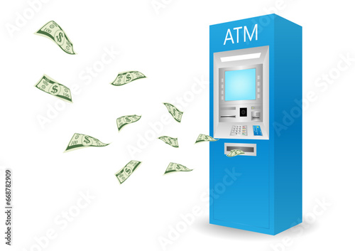 ATM- Automated Teller Machine with Flying Cash Money. Saving and Investment Concept. Vector Illustration. 