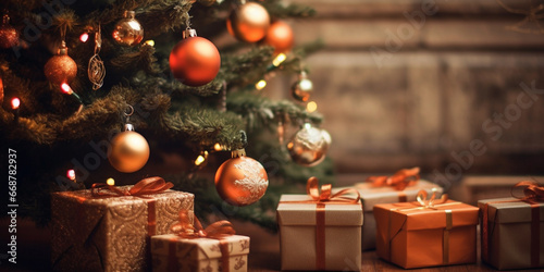 Christmas decoration, tree, ball, gift box, bokeh background © Ricardo Costa