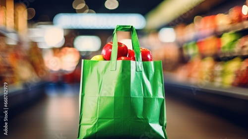 Customer carrying a green reusable bag filled with produce, with a blurred supermarket aisle in the background."