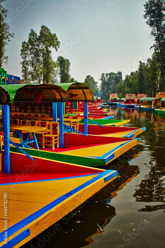 Trajineras Xochimilco, Embarcadero Cuemanco, CDMX.