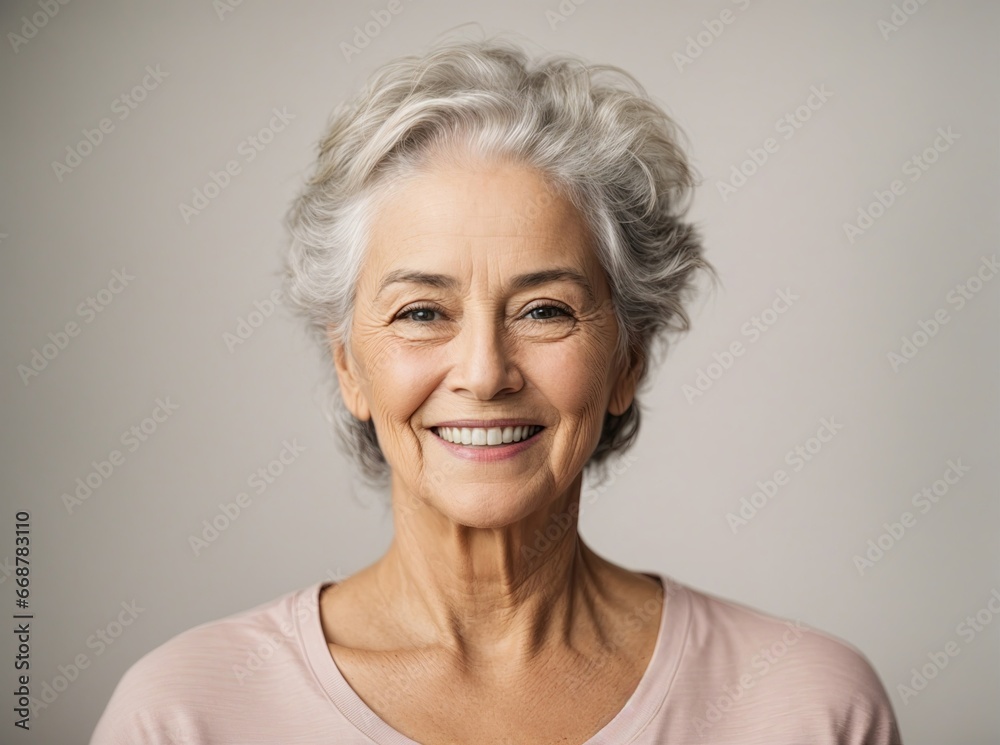 Mature white lady smiling with plain white background Mature white lady smiling with plain white background