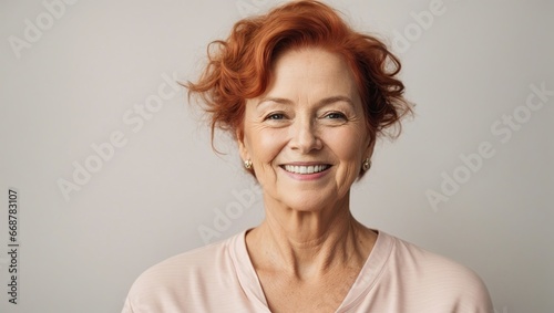 Mature readheaded woman with plain white background 