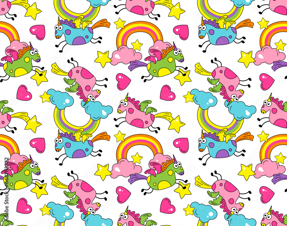 Obraz premium Funny cartoon cute unicorn with wings flies across the sky with a rainbow and stars on a light white background. Seamless pattern, print, vector illustration