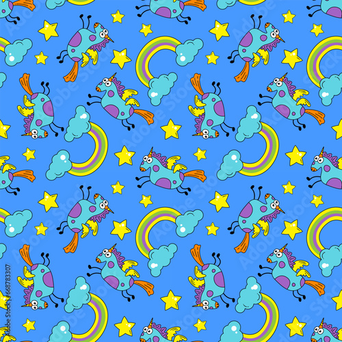 Funny cartoon cute unicorn with wings flies across the sky with a rainbow and stars on a dark blue background. Seamless pattern, print, vector illustration