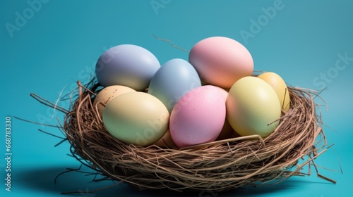Colorfully painted eggs in a basket, set against a blue background with space for copy.
