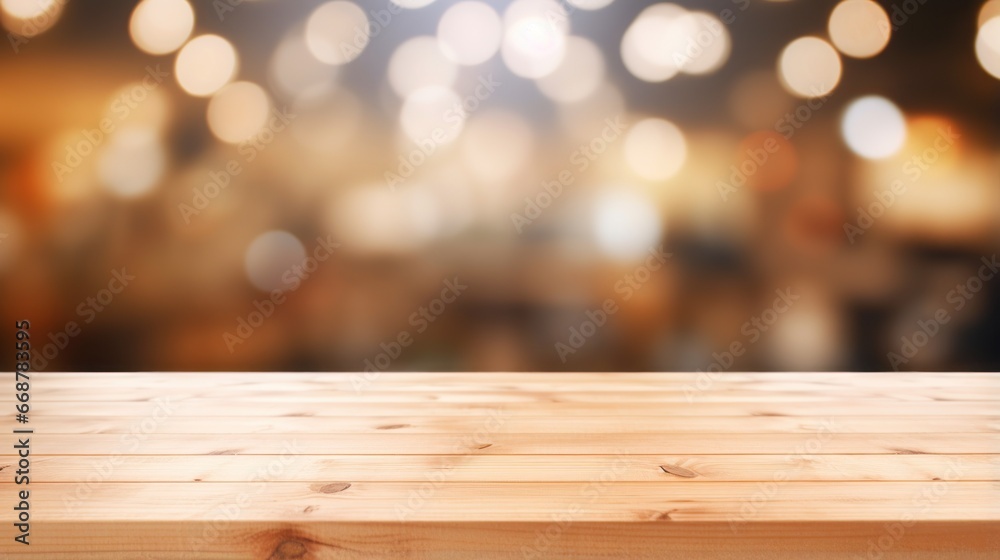 Wooden tabletop foreground with a blurred supermarket aisle and bokeh lighting in the background. Wooden tabletop foreground with a blurred supermarket aisle and bokeh lighting in the background.