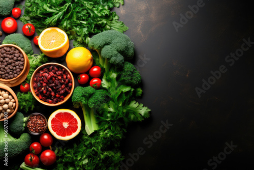 Vegan health food concept for high fibre diet with fruit, vegetables, grains, legumes, herbs. Flat lay with copy space