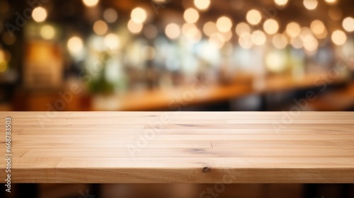 Wooden tabletop foreground with a blurred supermarket aisle and bokeh lighting in the background.