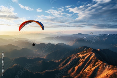 Paragliders soaring in the sky, feeling the thrill of free-flight and exhilaration.