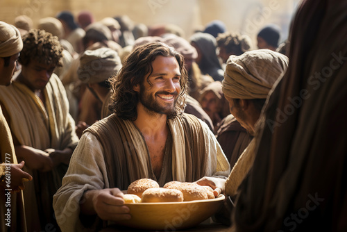 Jesus Christ gives people bread, a miracle of feeding people