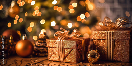 Christmas decoration, tree, ball, gift box, bokeh background