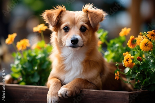 Red and white puppy sits among yellow flowers