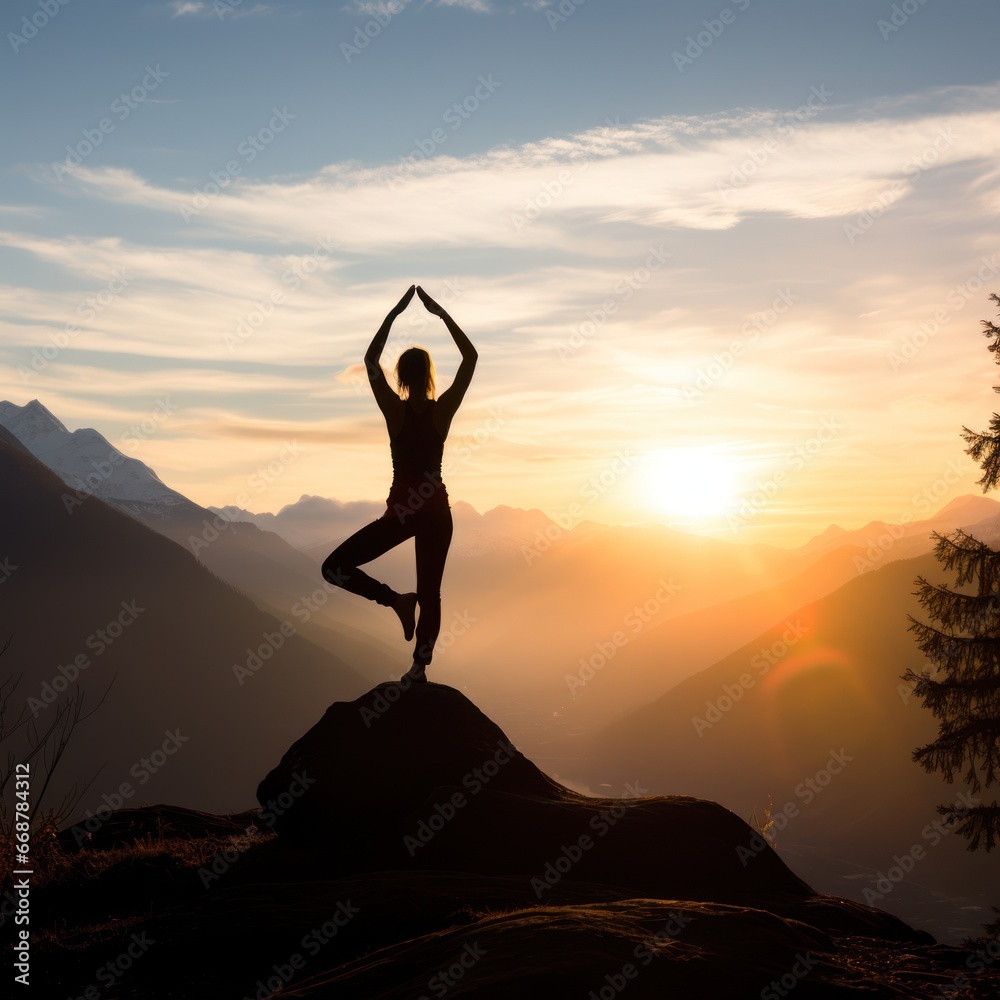 Serene mountaintop, silhouette practicing yoga.