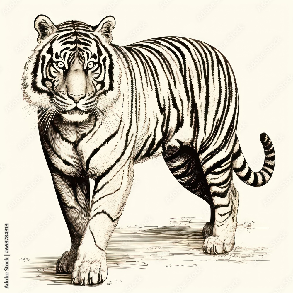 Vintage engraved Siberian tiger illustration on white background, reminiscent of 1800s style.