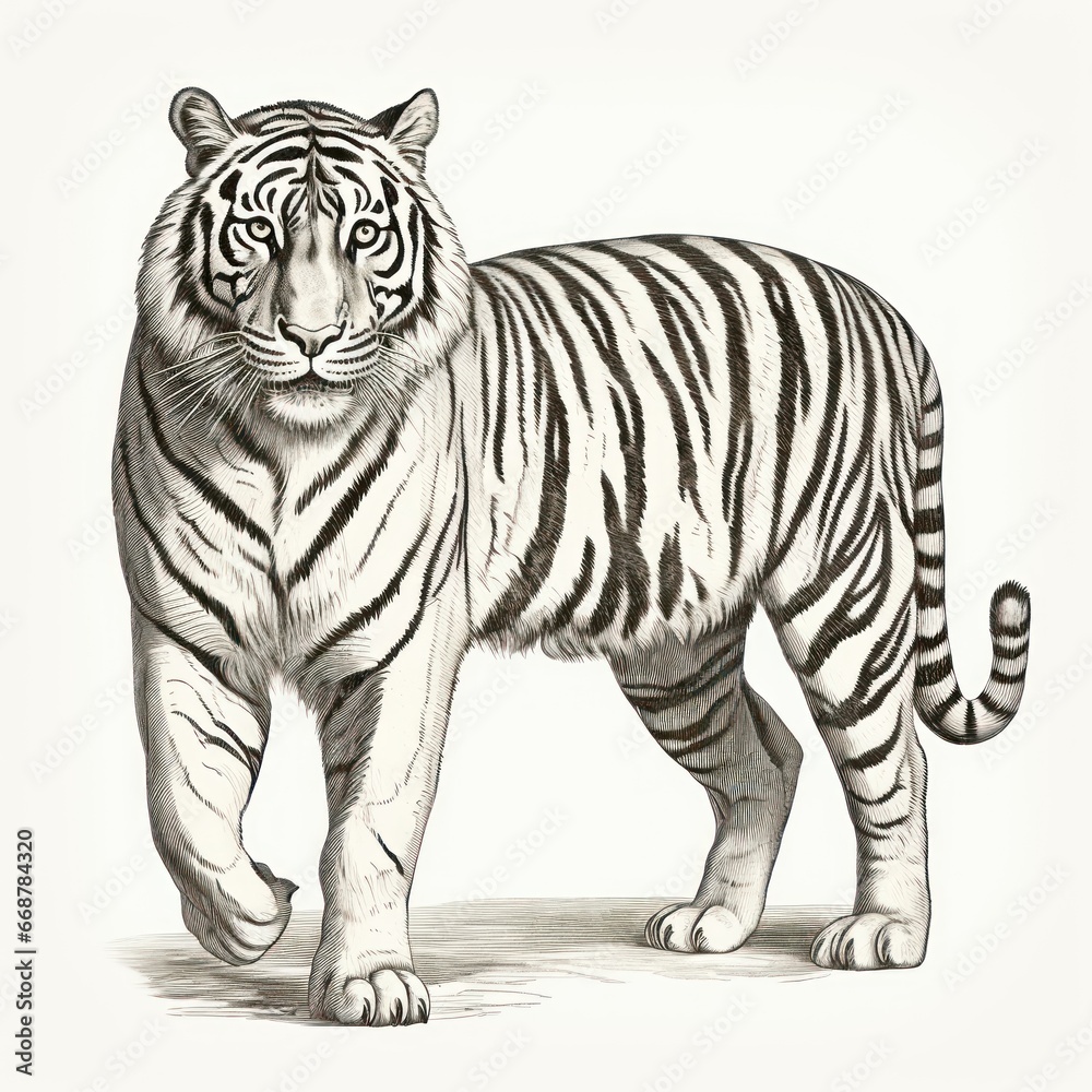 Siberian Tiger Engraving: Antique Style Illustration on White