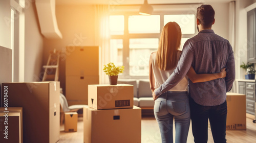 Couple, new home and indoor embracing after buying or renting real estate property
