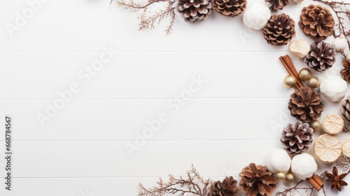 Rustic Christmas Round Frame: Natural Winter Elements on White Wooden Background - Flat Lay Design with Ample Copy Space