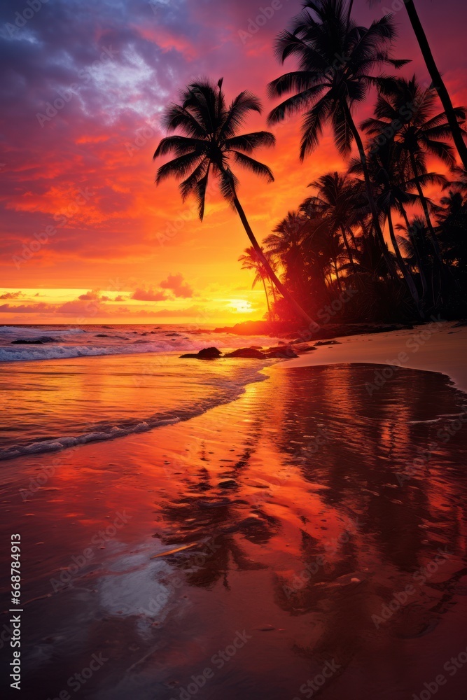 Palm Trees on Tropical Beach at Sunset