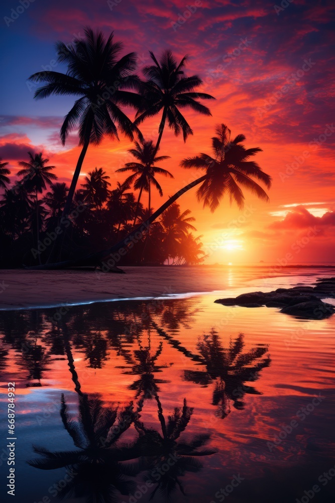 Sunset over palm-lined tropical beach.