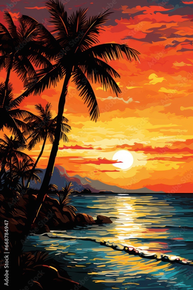 Palm trees frame tropical sunset.