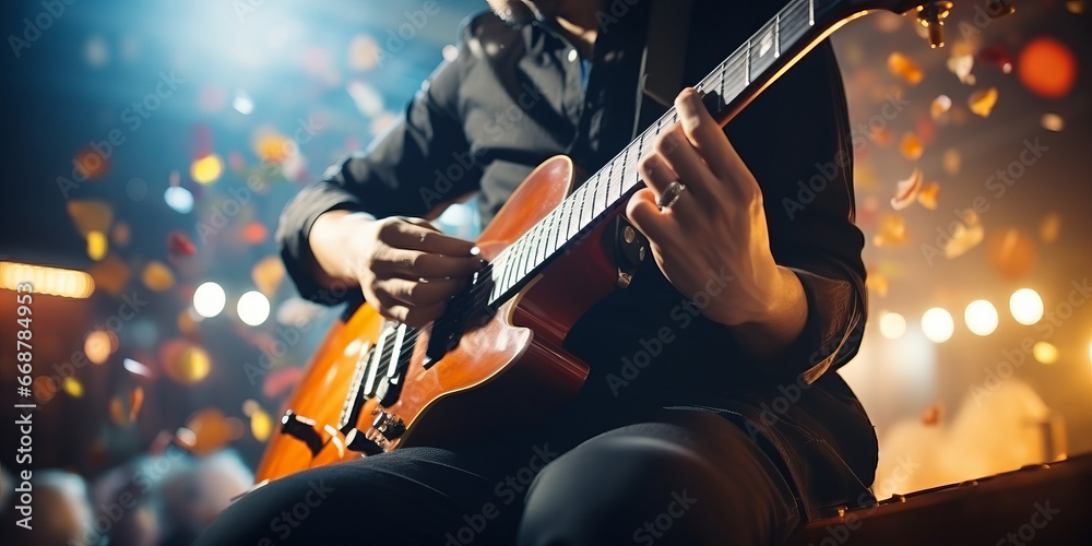 Fototapeta premium Guitarist on stage and sings in a concert for background, soft and blur concept.