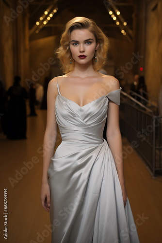 Woman wearing a silver silk evening dress  at a gala event in a museum