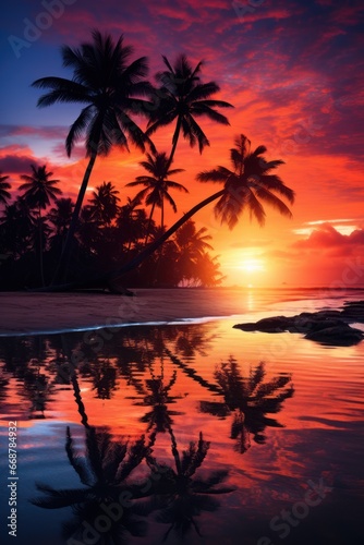 Sunset over palm-lined tropical beach.