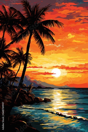 Palm trees frame tropical sunset.