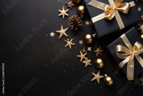 Christmas and new year composition with christmas gifts on black background, flat lay.