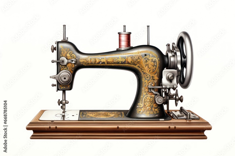 Engraved Antique Sewing Machine from Victorian Era on White Background.