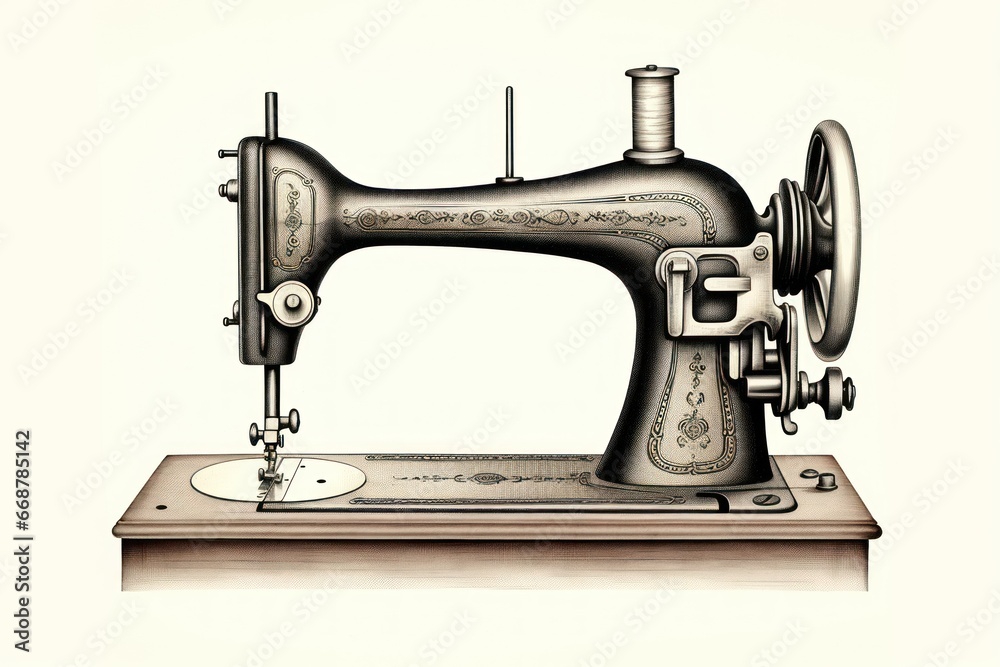 Engraved Vintage Sewing Machine on White: A Classic Illustration