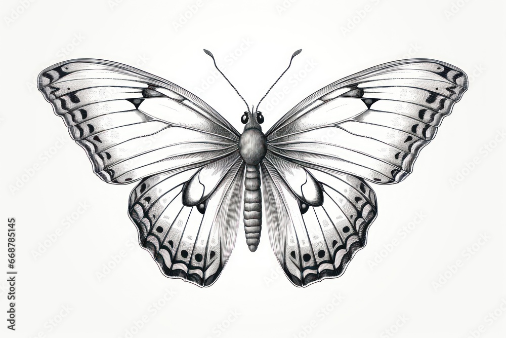 Fototapeta premium Butterfly Engraving-Style Illustration on White - Vintage Vibe.