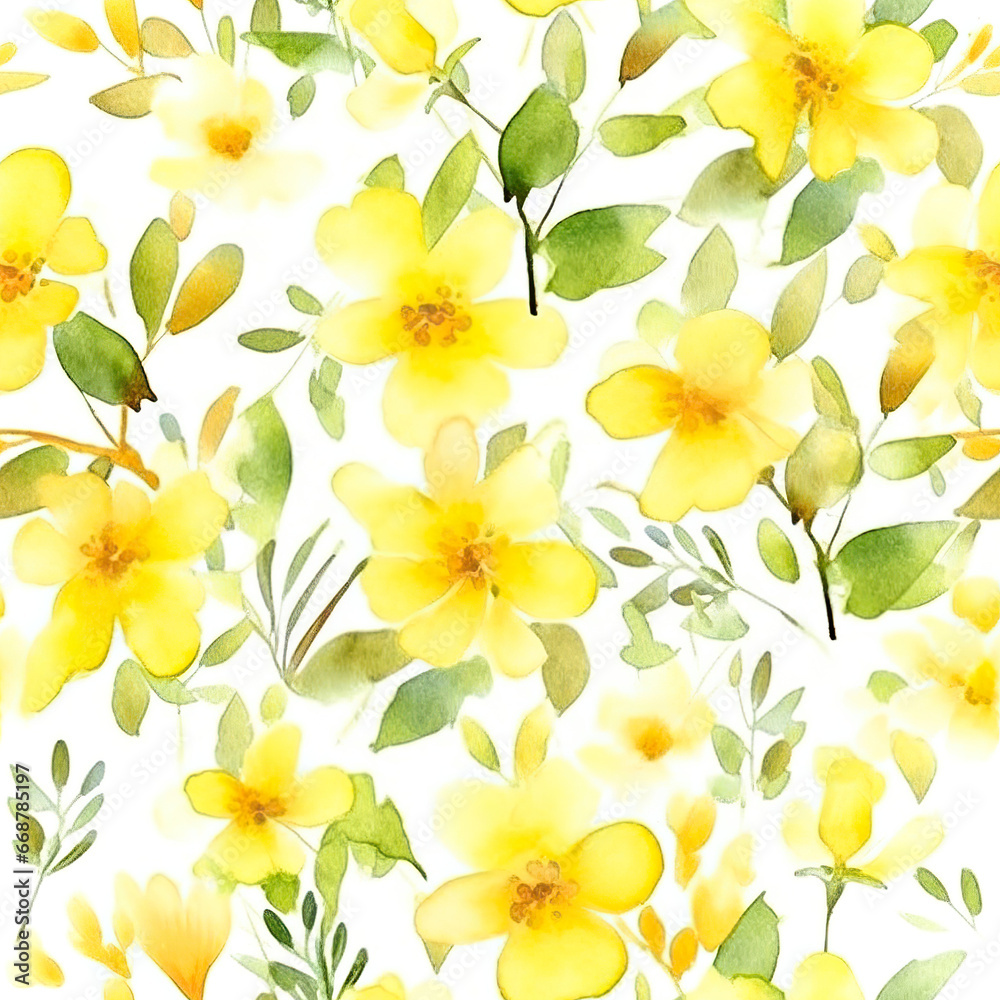 Fototapeta premium Sunshine Blooms: A Cheerful Dance of Yellow Floral Watercolors,yellow flowers background,Seamless Pattern Images