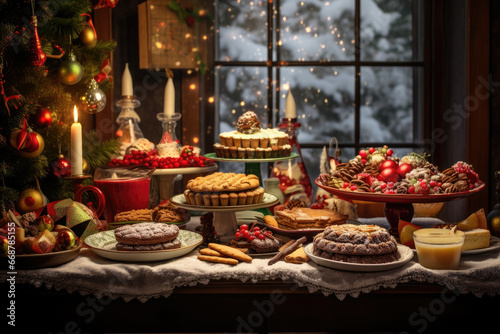 Thanksgiving Food and Dessert for party invitation, Christmas party celebration with dinner meal on table, Happy new year and Xmas scene, wooden table full of food and treats. © TANATPON