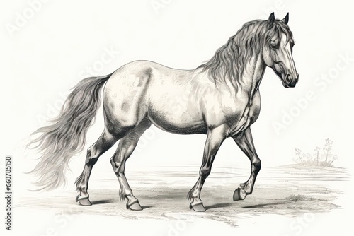 Classic horse artwork in vintage engraving style on white background.