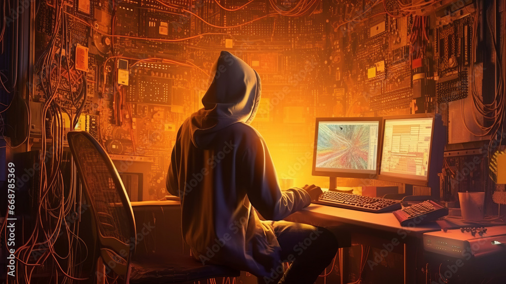 Hacker in front of the PC in the apocalyptic future. Hacker in front of the PC in the apocalyptic future.