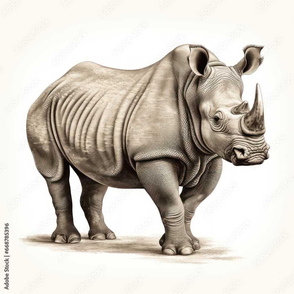 Fototapeta premium Vintage Engraving of White Rhinoceros in 1800s Style on White Background.