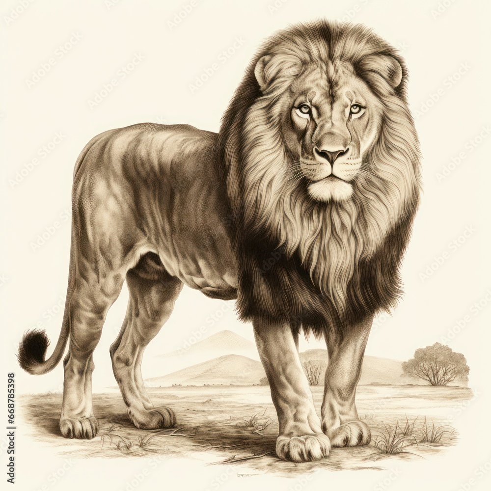 Antique West African Lion Etching - 1800s Style Art on White Background Antique West African Lion Etching - 1800s Style Art on White Background