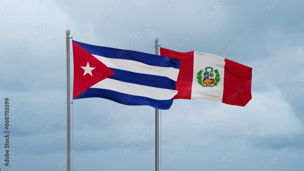 Peru and Cuba flag waving together on cloudy sky, endless seamless loop, two country cooperation concept