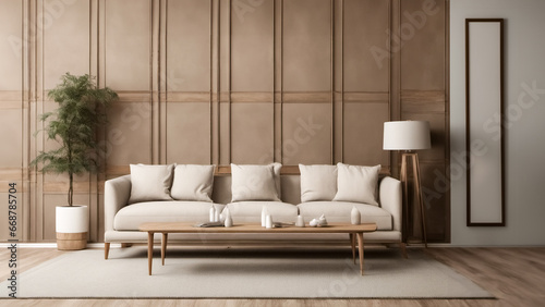 Concept di design per interni- Divano marrone con dettagli in legno in un soggiorno luminoso © Benedetto Riba