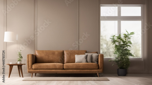Interni di casa- Soggiorno con divano marrone e parete © Benedetto Riba